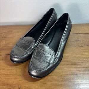 Talbots Women’s Slip On Classic Loafers US Size 8 B Metallic Pewter Gray Leather